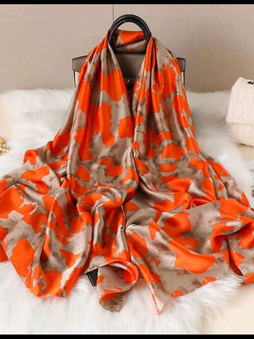 Anthropologie Orange and Taupe Abstract Floral Scarf